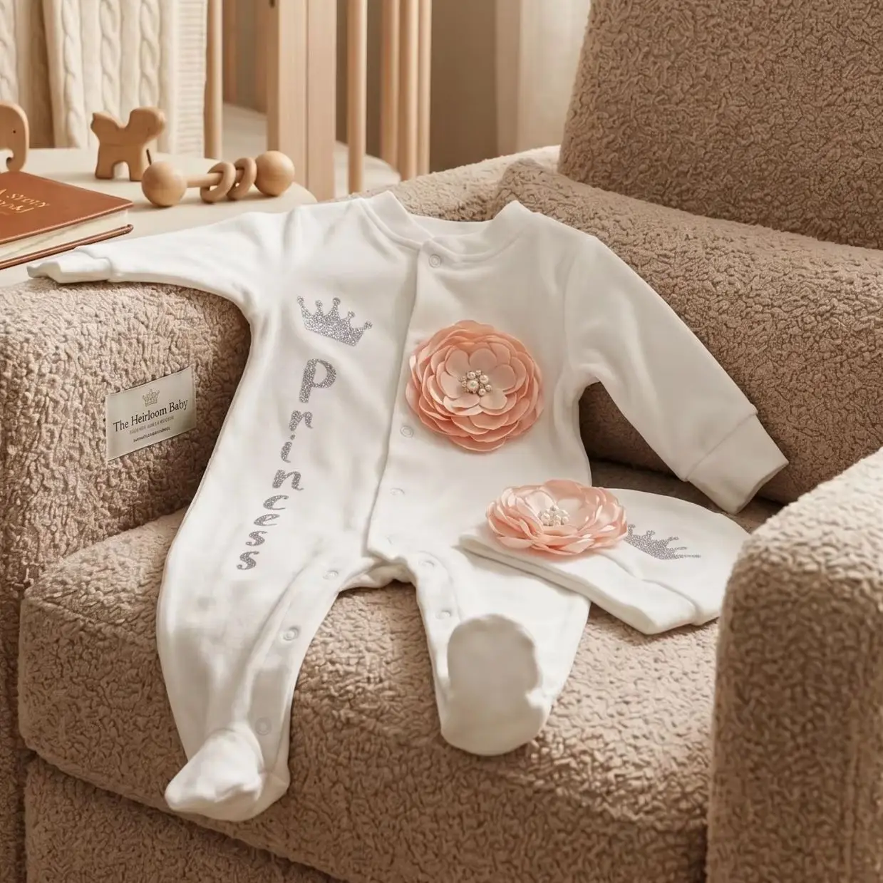 Conjunto de bautizo para bebé niña de algodón blanco con corona
