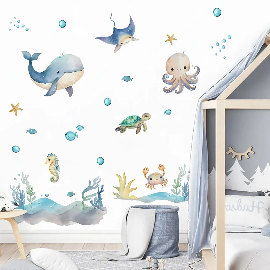 Vinilo pared marino con animales acuáticos: ballena y tortuga - imagen 2