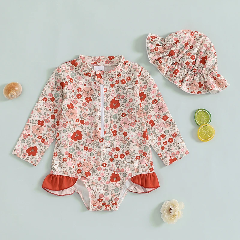 Traje de baño antisarpullidos manga larga floral con gorro y volantes - imagen 3