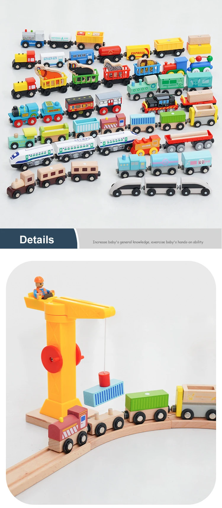Conjunto de tren magnético de madera con locomotora, ambulancia y bomberos