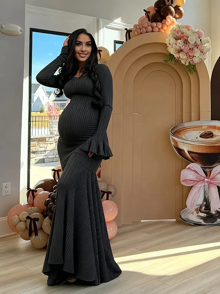 Vestido de embarazo de punto acanalado manga larga sirena maxi - imagen 5