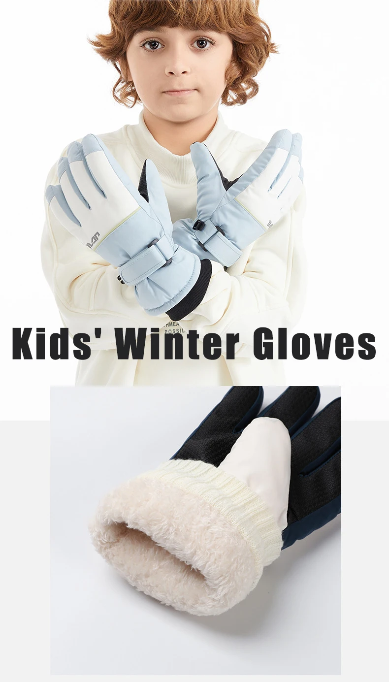 Guantes de esquí para niños mostrando el forro interior y el ajuste de muñeca