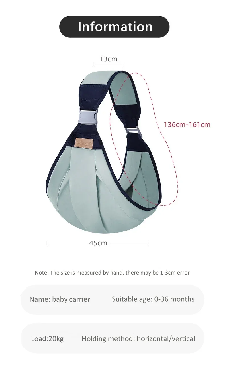 Bebé en portabebés ergonómico con anillo, vista frontal