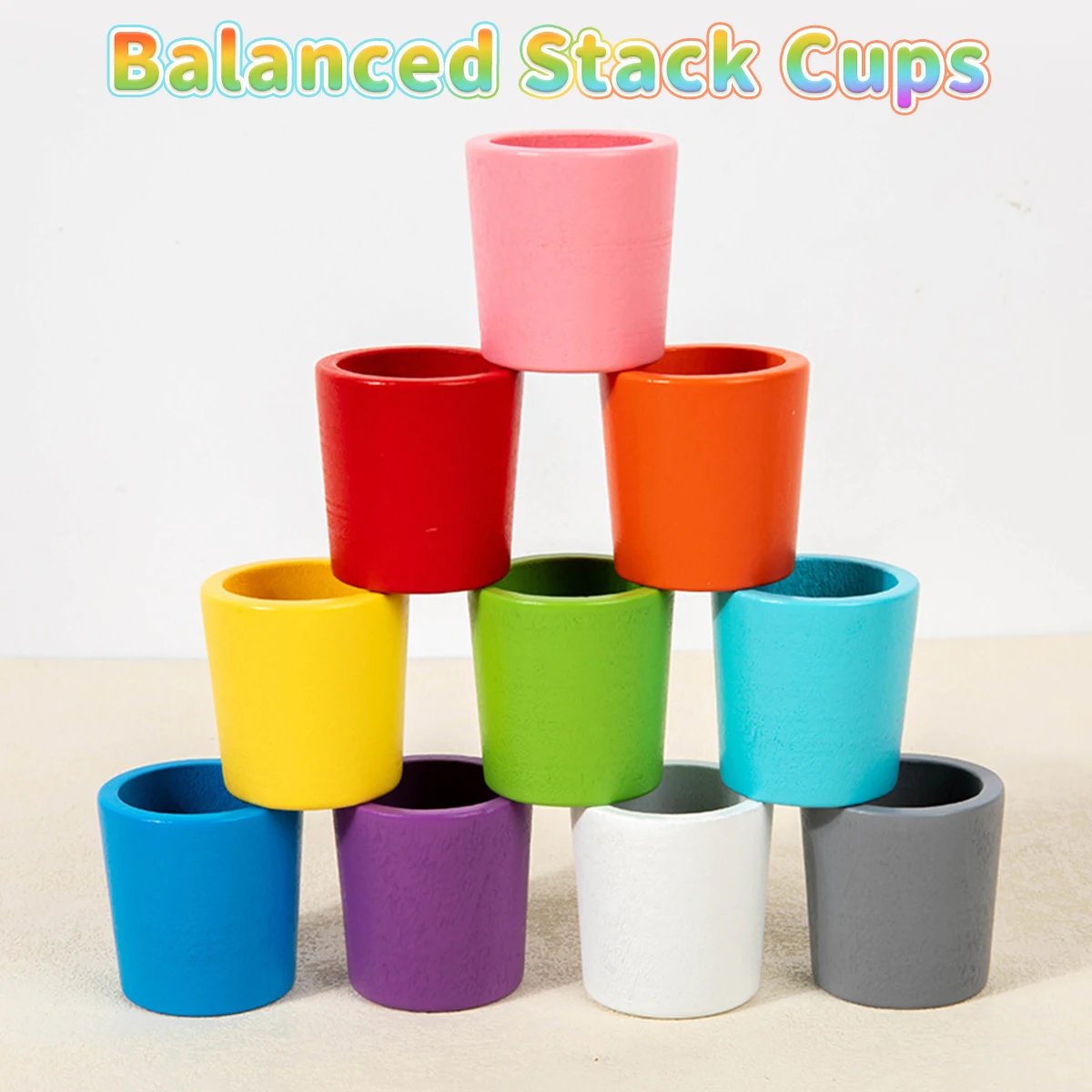 Juguete de madera Montessori arcoíris en taza para el cole - imagen 2