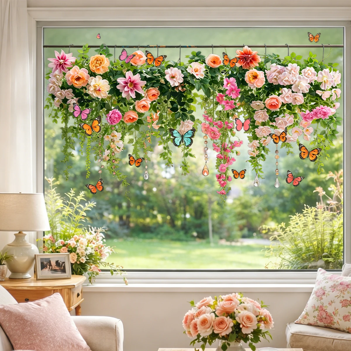 Vinilo estático removible para ventanas con flores y mariposas - imagen 2