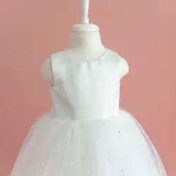 Vestido de niña de tul perlado floral con lazo satén y cuello V