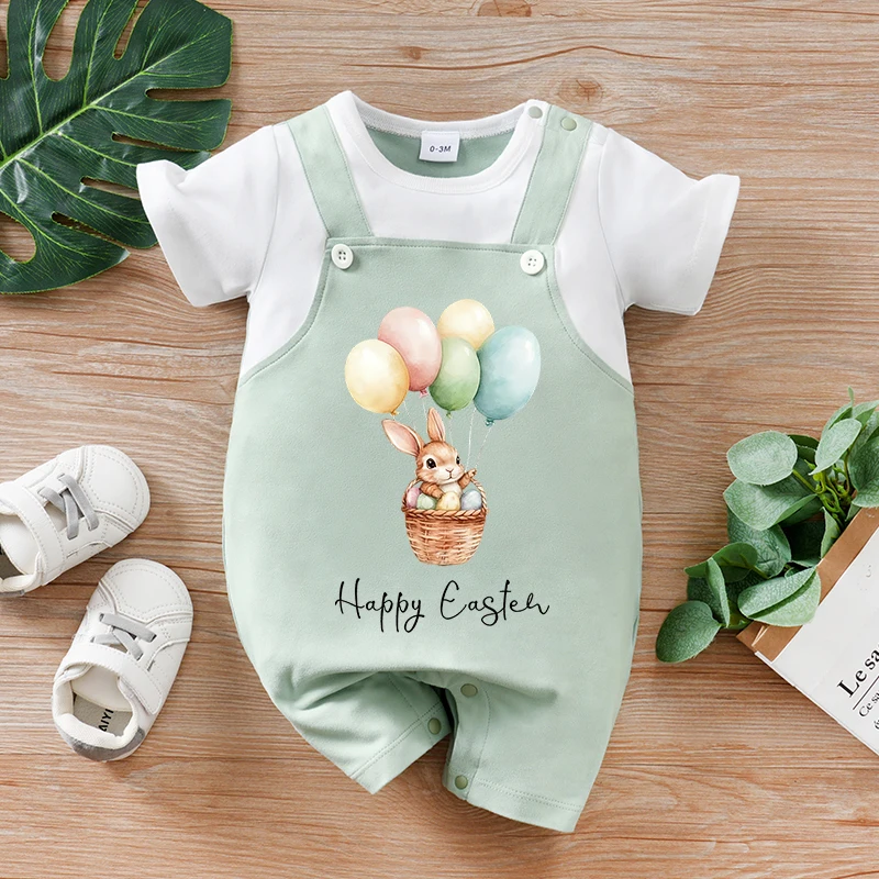 Pelele bebé recién nacido conejito Pascua, huevos y cesta, manga corta