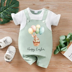 Pelele bebé recién nacido conejito Pascua, huevos y cesta, manga corta