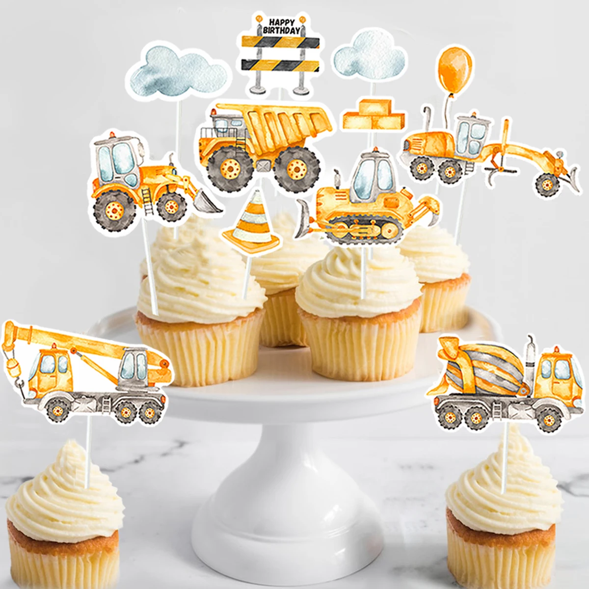Topper tarta construcción con vehículos 3D para cumpleaños niño