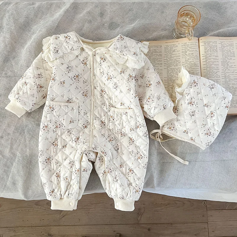 MILANCEL Pelele invierno forrado para bebé niña - floral con sombrero - imagen 5