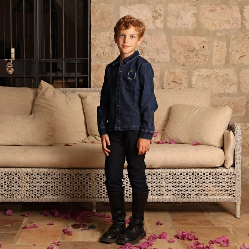 Conjunto familiar denim azul – Vestido niña, camisa niño y pelelé bebé - imagen 4