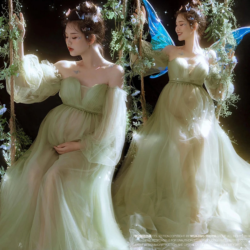 Vestido premamá verde bosque elegante para sesión de fotos