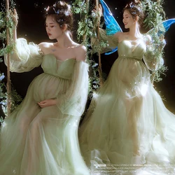 Vestido premamá verde bosque elegante para sesión de fotos