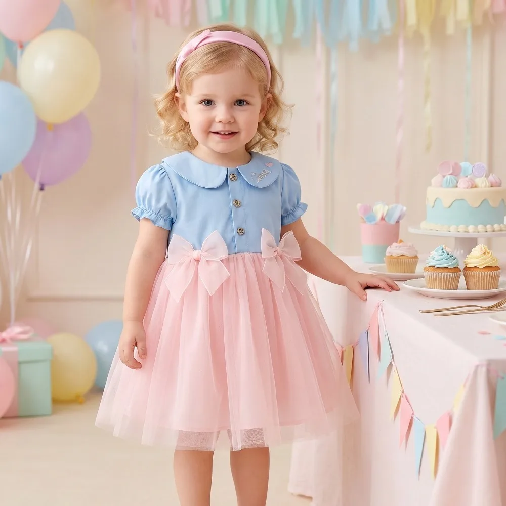 Vestido de princesa veraniego para bebé niña con tul y mangas cortas