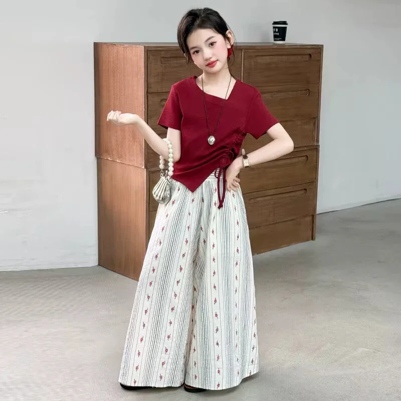 Conjunto de verano para niña con camiseta y pantalón ancho holgado - imagen 3