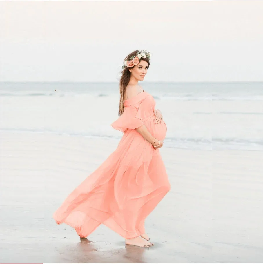 Vestido de maternidad en gasa con hombros descubiertos maxi - imagen 2