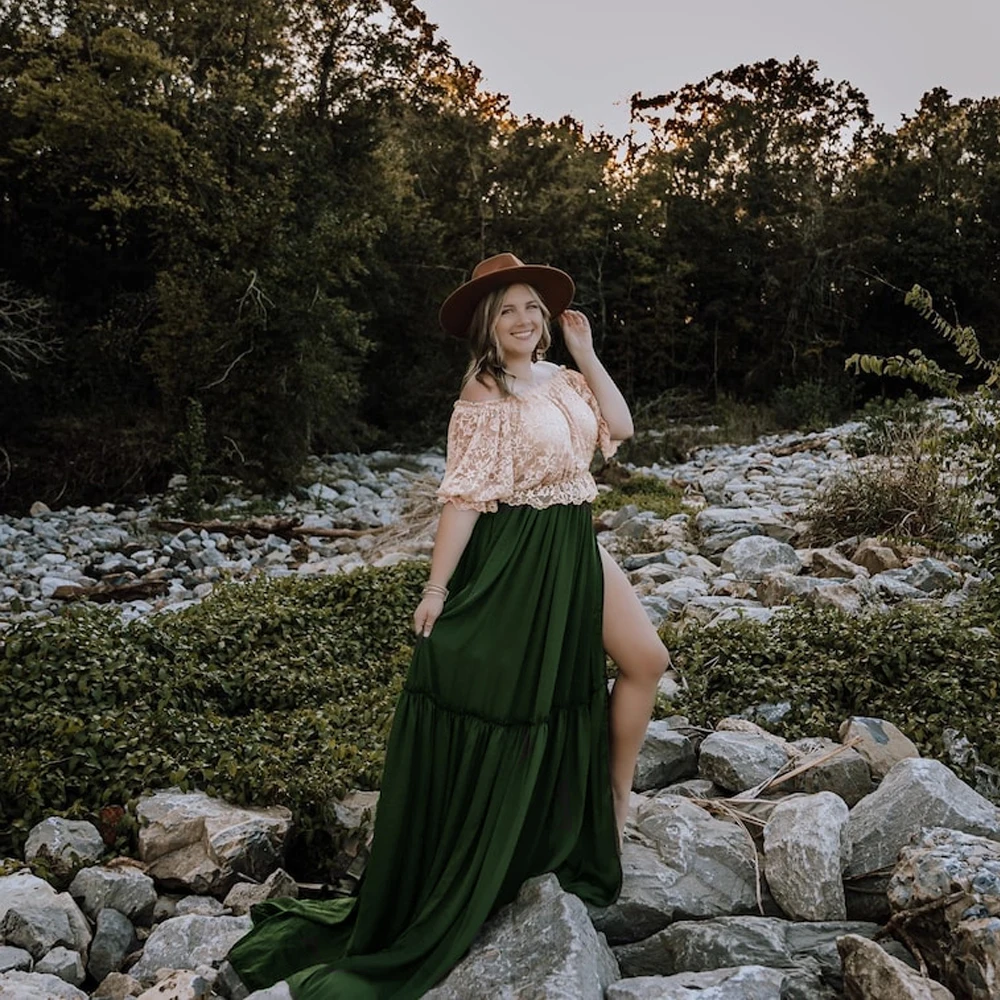 Vestido premamá bohemio de color albaricoque y verde para fotos - imagen 5