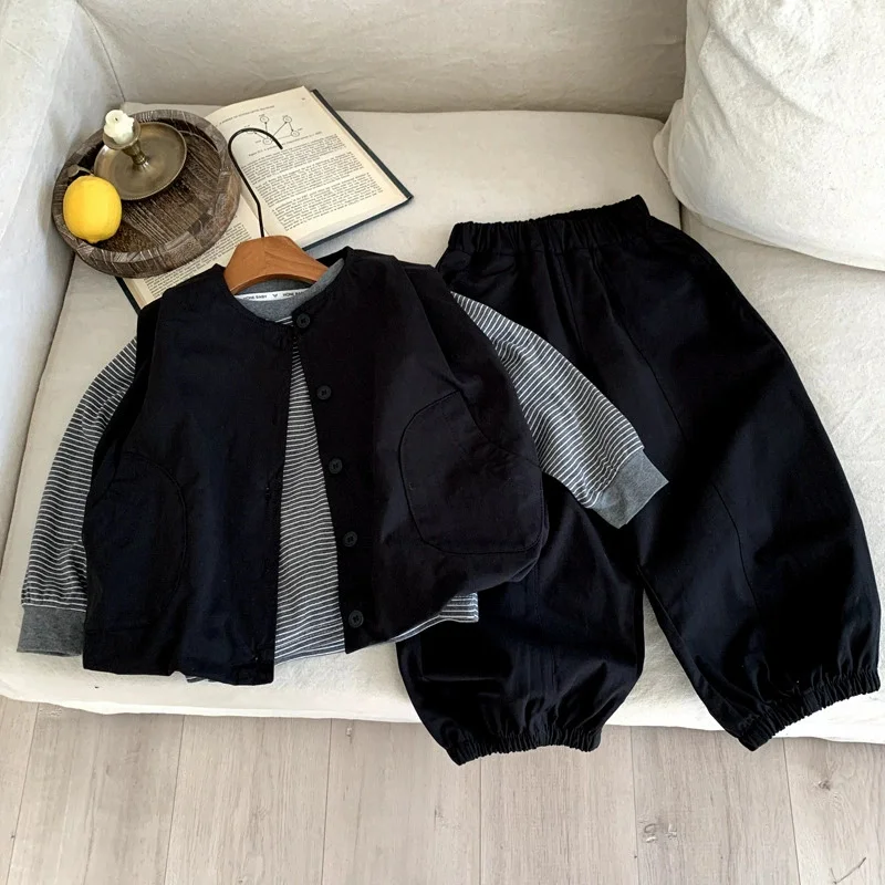 Conjunto de primavera de 3 piezas con top a rayas, chaleco y pantalones
