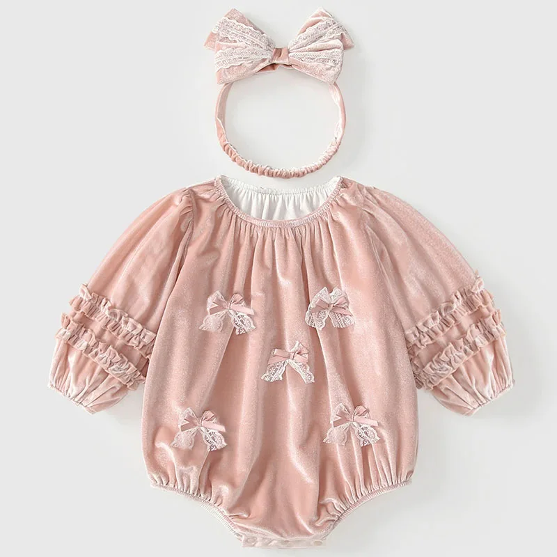Mono rosa de terciopelo manga larga para niña con lazo y diadema - imagen 2