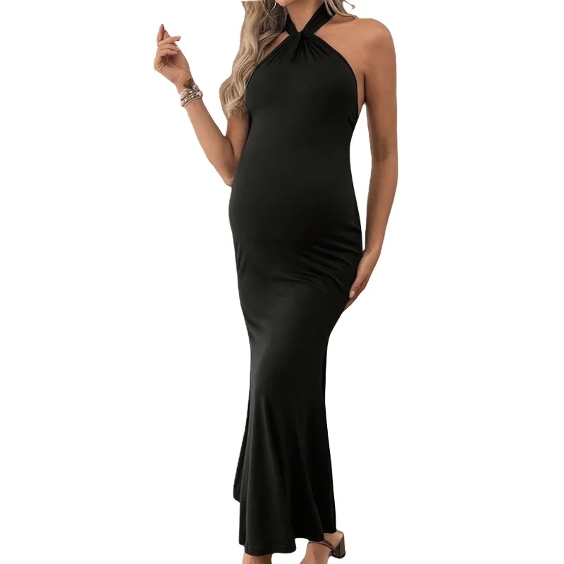 Vestido de premamá negro sin espalda con cuello halter maxi - imagen 2