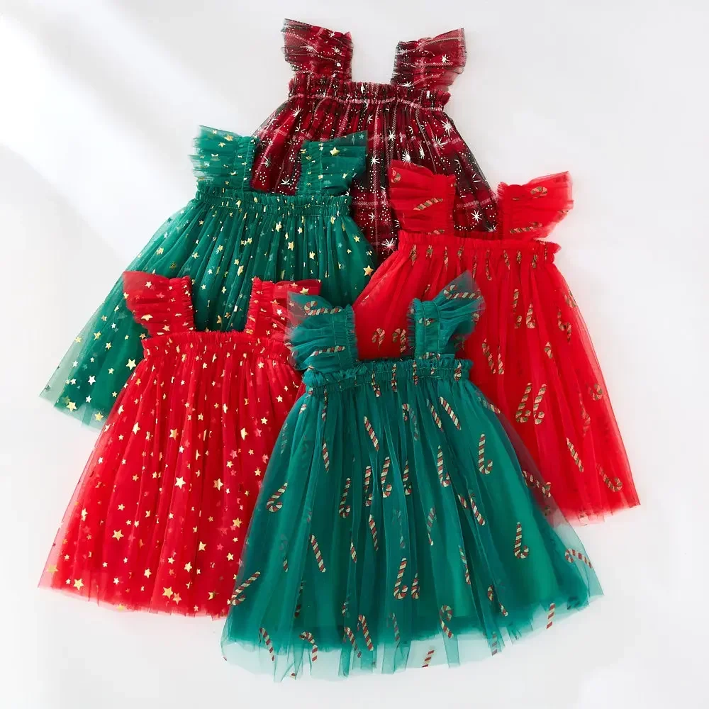 Vestido navideño de tirantes para niñas con tul y estrella dorada - imagen 2