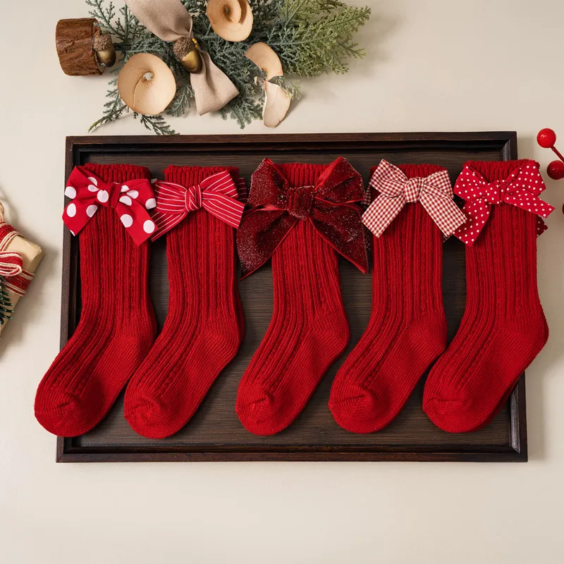 Calcetines navideños con lazo rojo para niñas y calentadores 0-5 años