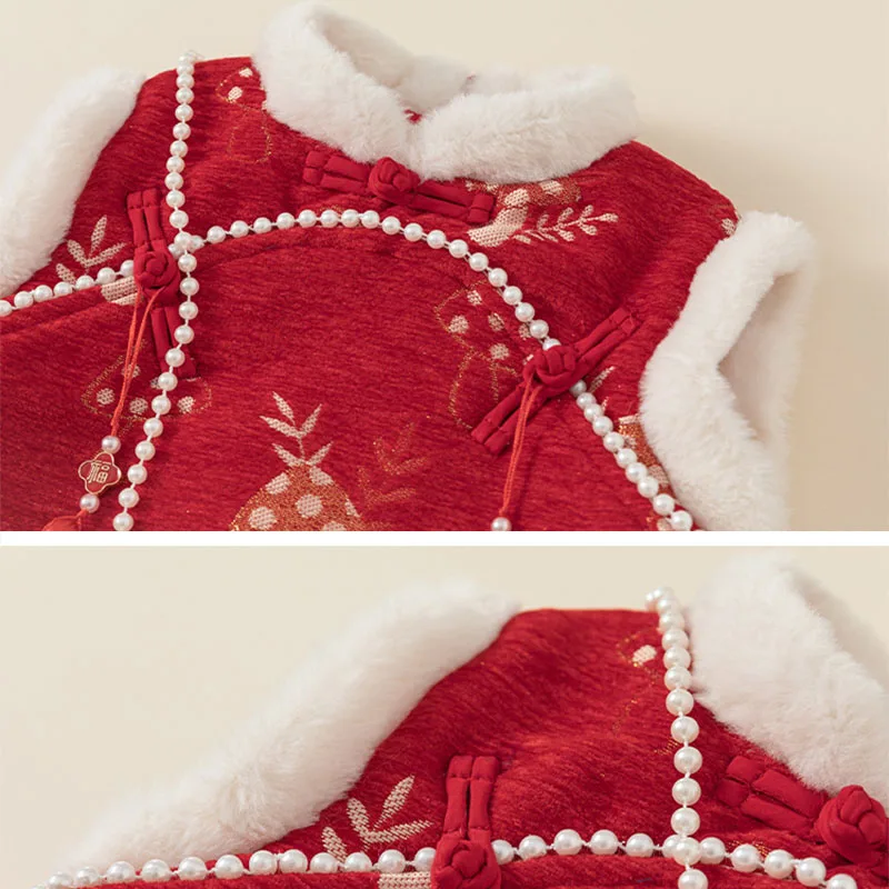 Vestido de invierno rojo de princesa con bordado y forro polar - imagen 4