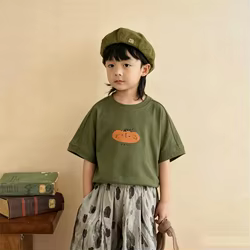 Camiseta bebé algodón manga corta beige verde estampado dibujos animados