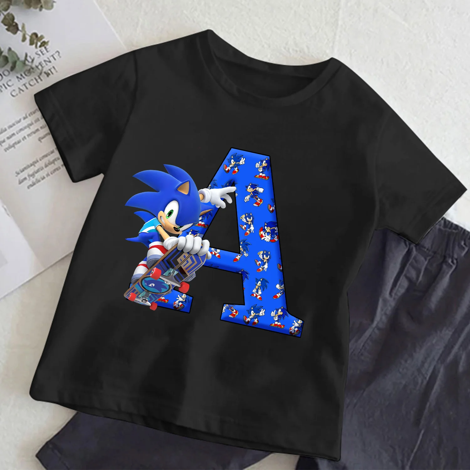 Camiseta manga corta Sonics negra para niños, cuello redondo