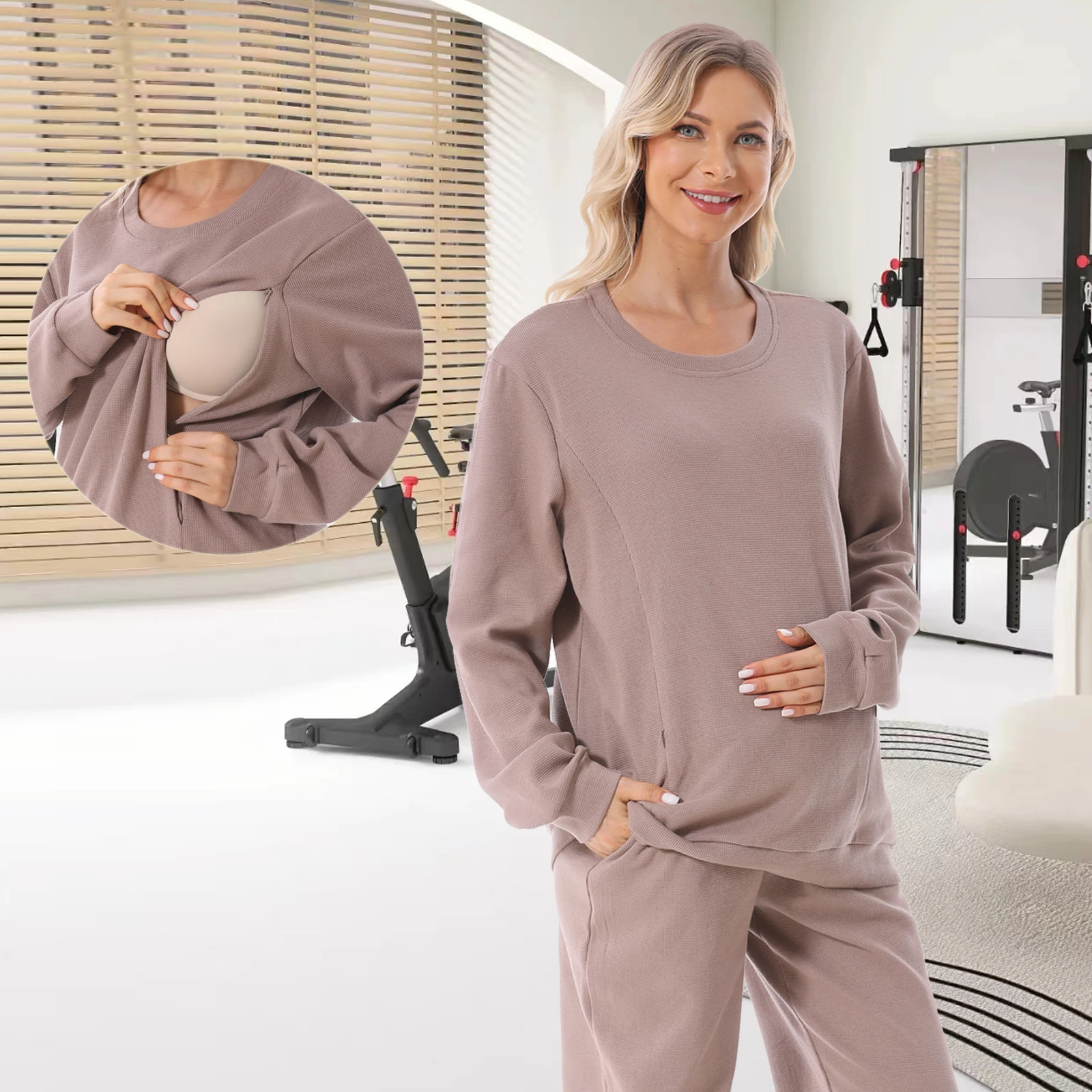 Sudadera maternity con capucha – Tejido waffle para embarazo otoño invierno - imagen 3