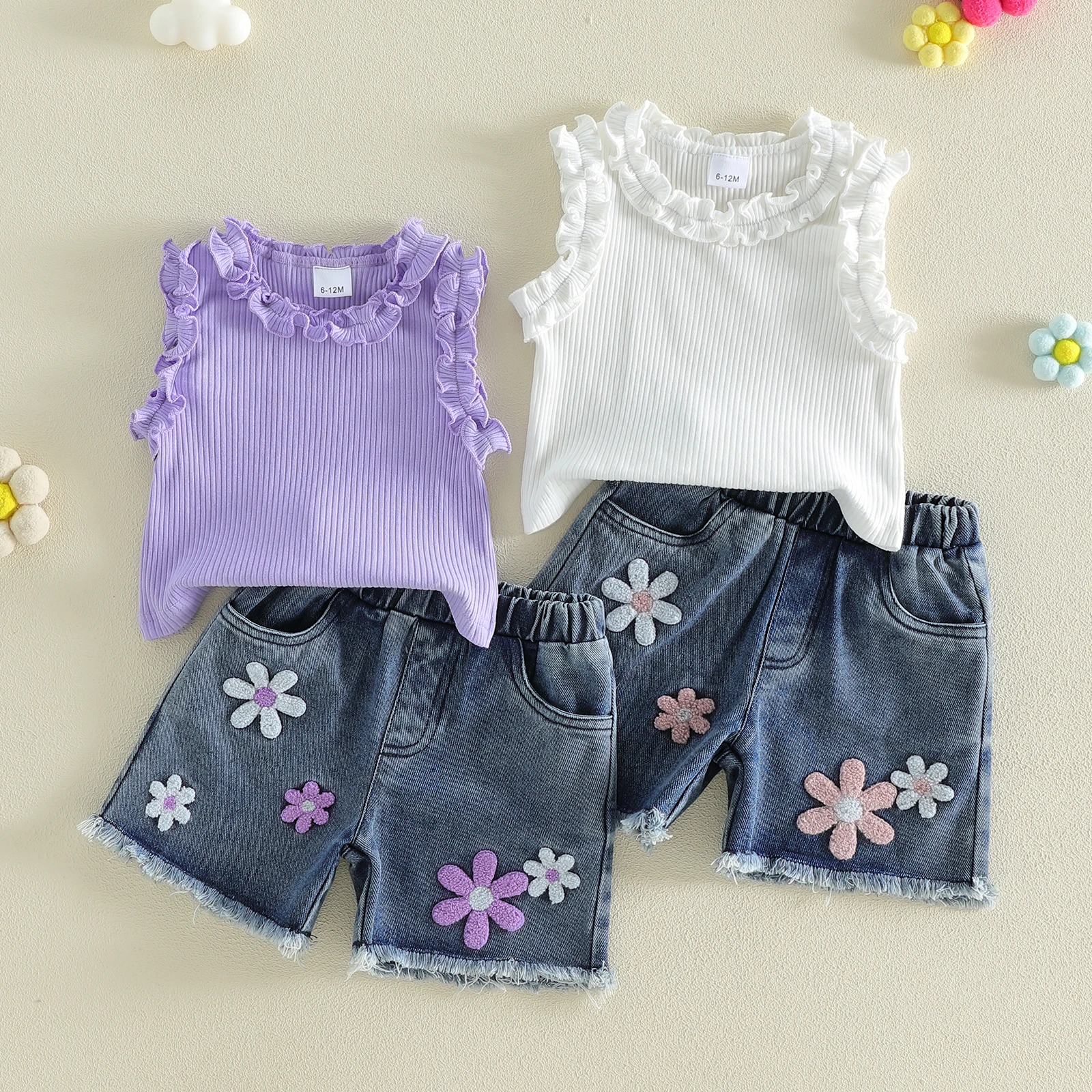 Conjunto de verano niña con volantes sin mangas y cortos vaqueros bordados - imagen 2