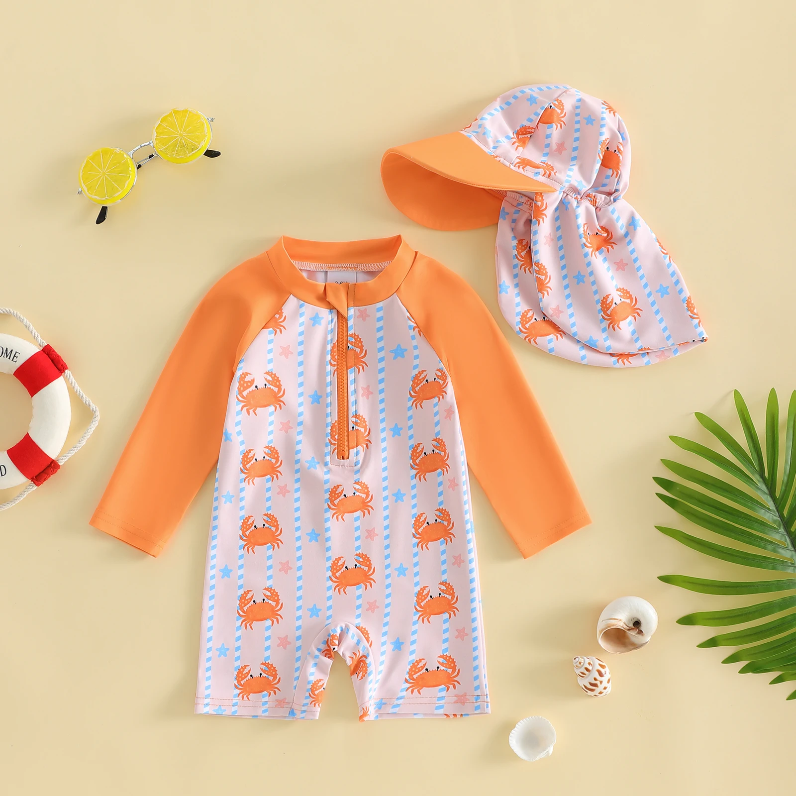 Traje de baño manga larga con estampado cangrejo y gorro