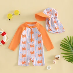 Traje de baño manga larga con estampado cangrejo y gorro
