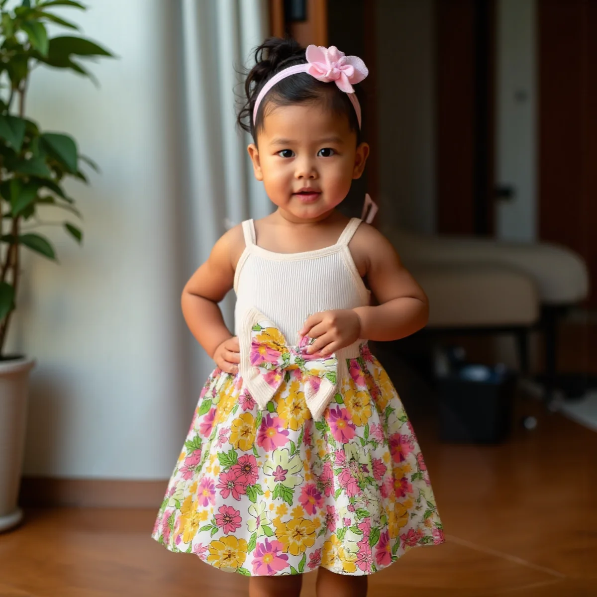 Vestido floral sin mangas para niña con lazo y sombrero de ala ancha - imagen 4