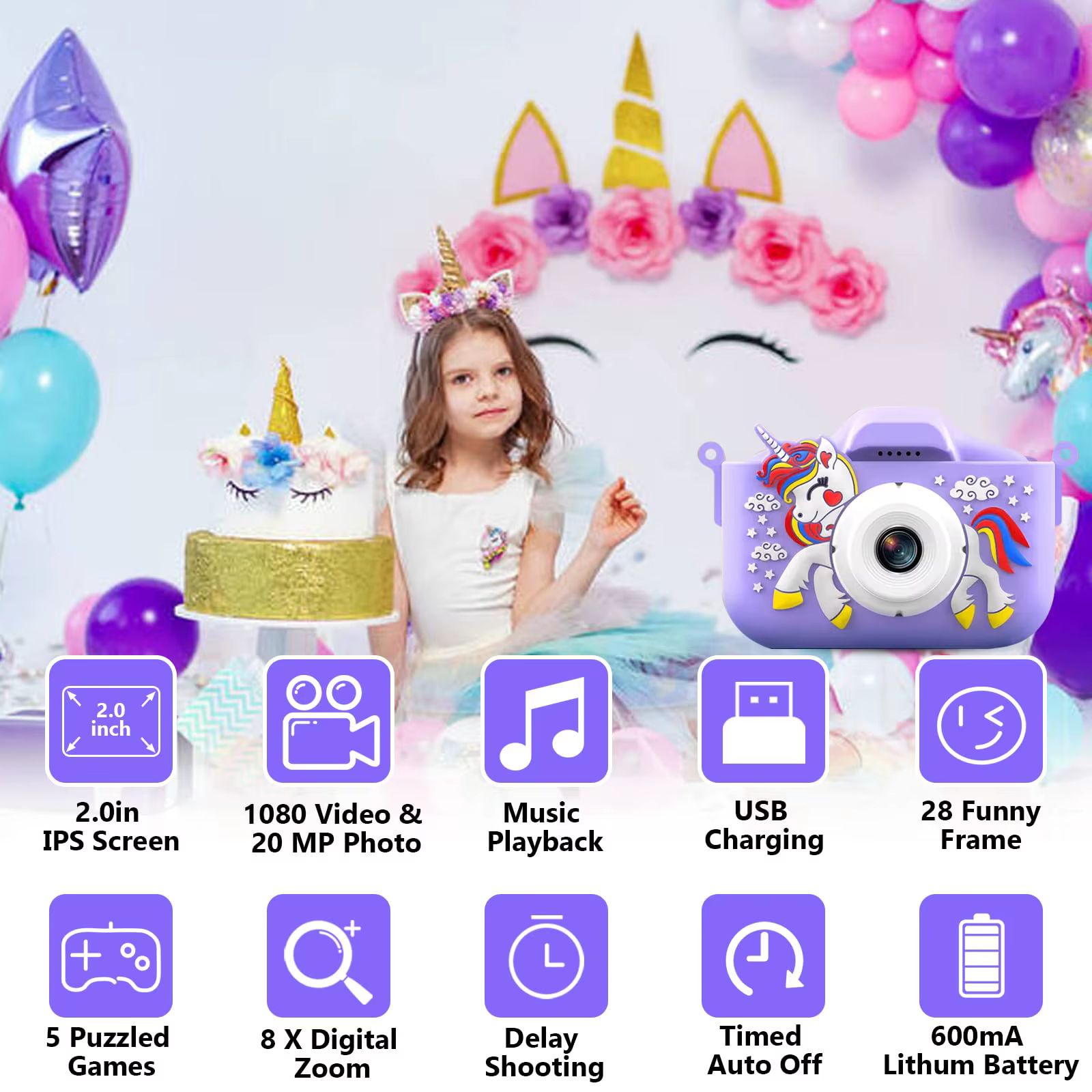 Cámara de fotos infantil unicornio – Juguete digital interactivo - imagen 4