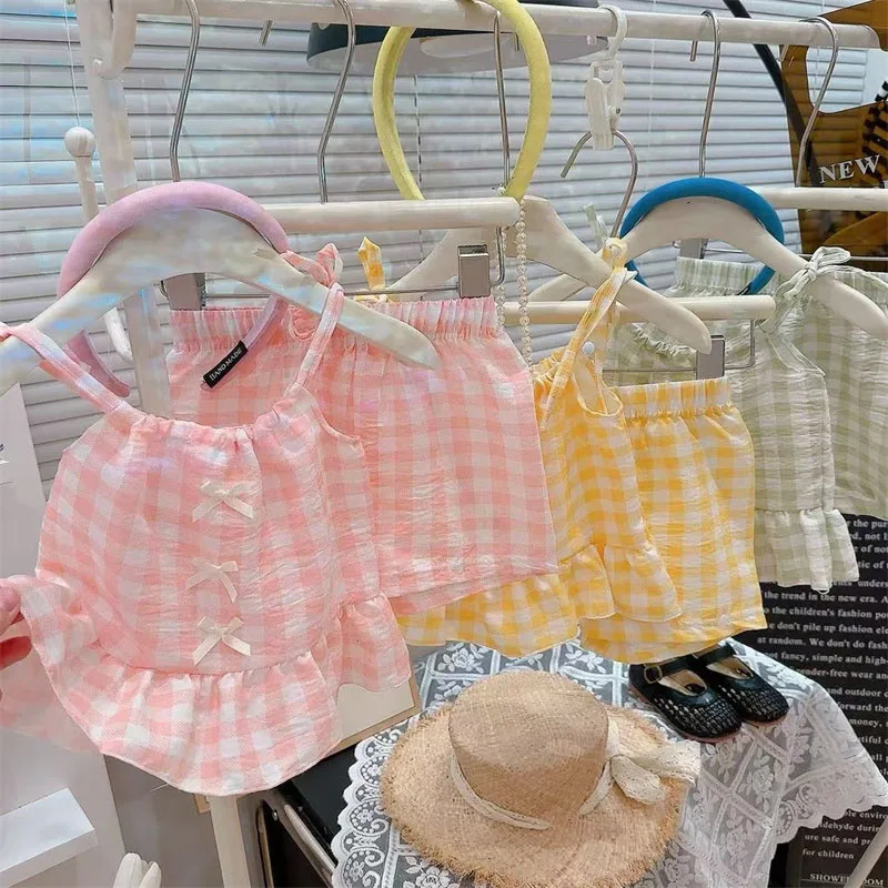 Conjunto verano niña tirantes lazo falda cuadros princesa traje dulce - imagen 2