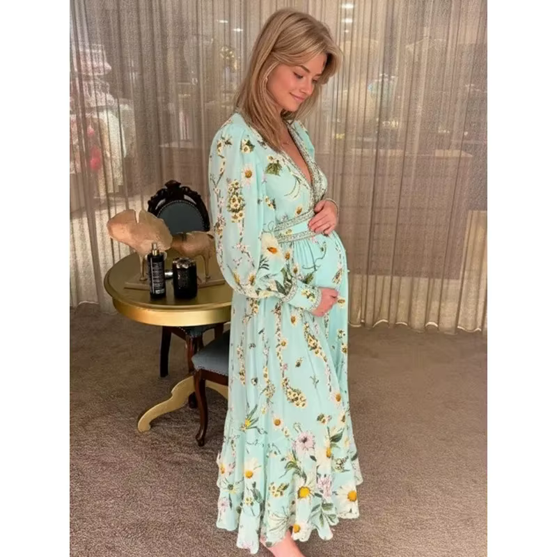 Vestido premamá vintage floral de manga larga para fotos boho - imagen 5