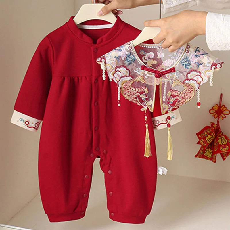 Monos bebé niña primavera y otoño con bordado rojo elegante chic - imagen 4