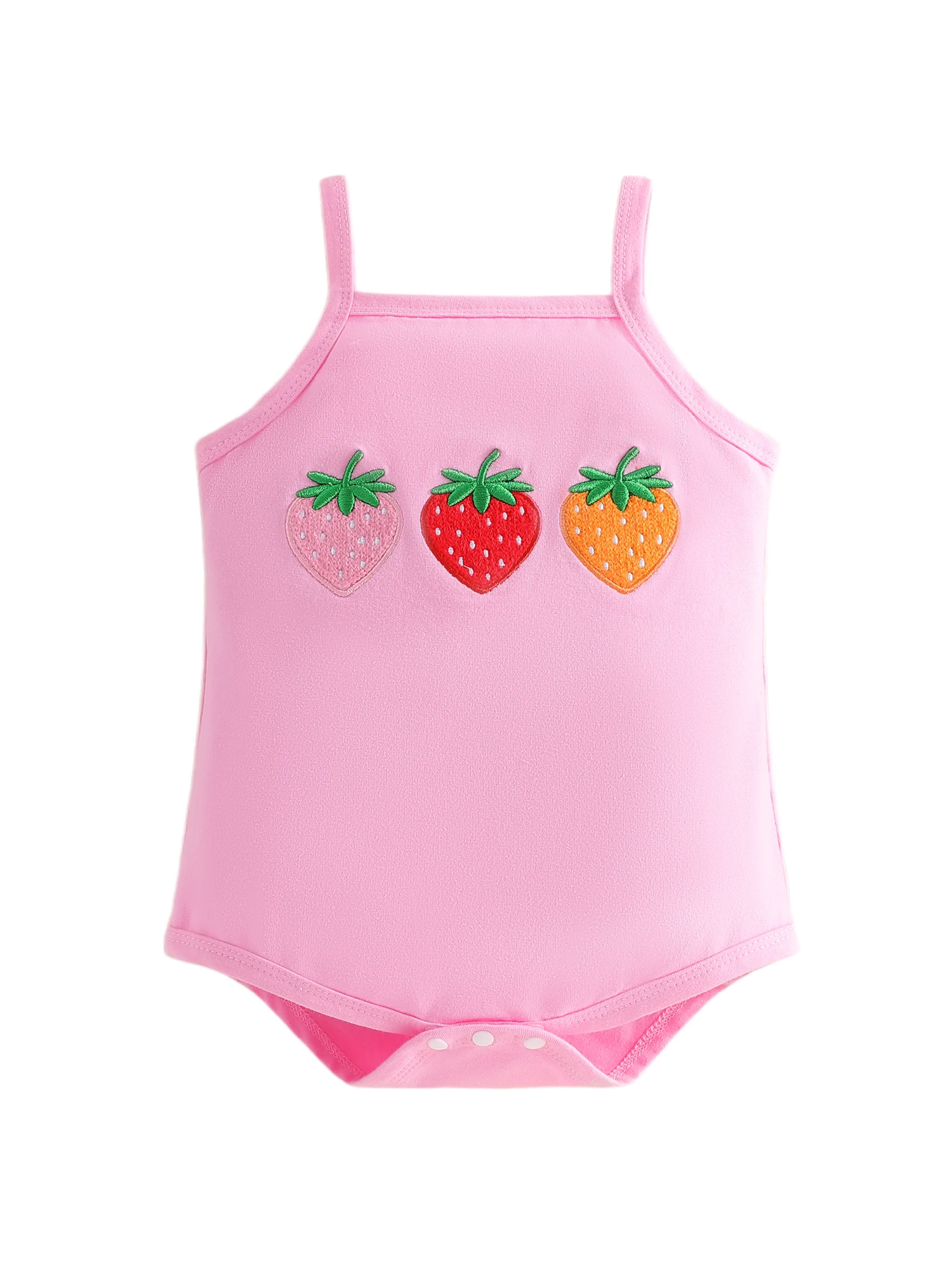 Mono de verano para bebé niña con cuello cuadrado y bordado de fresa