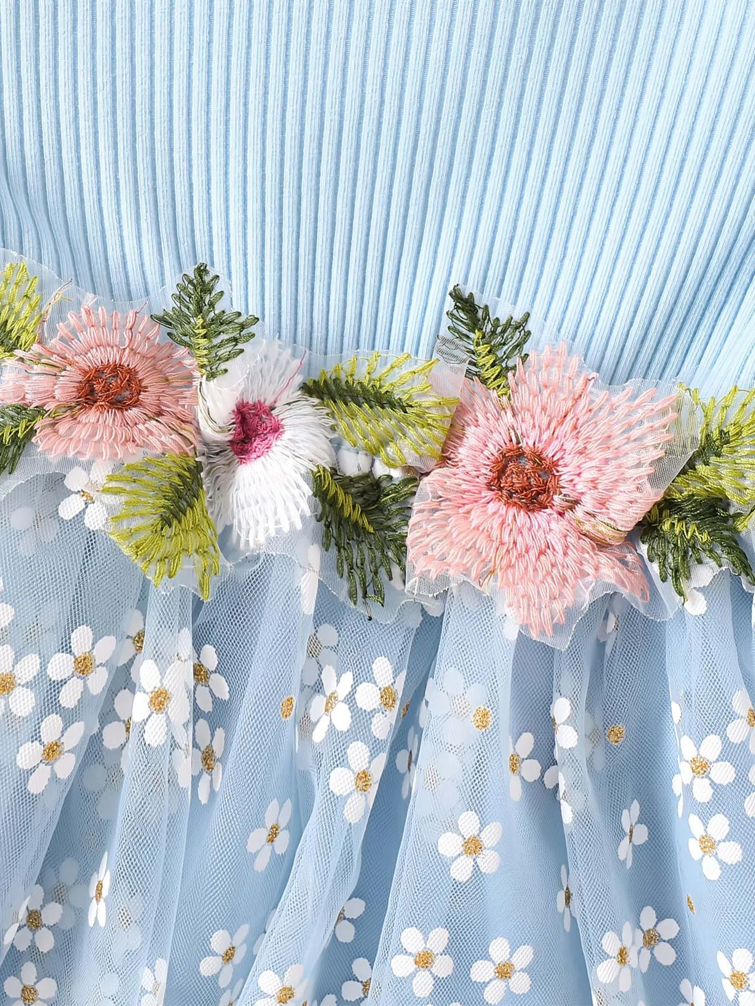 Vestido de tul floral con manga larga acanalada para niña - imagen 5