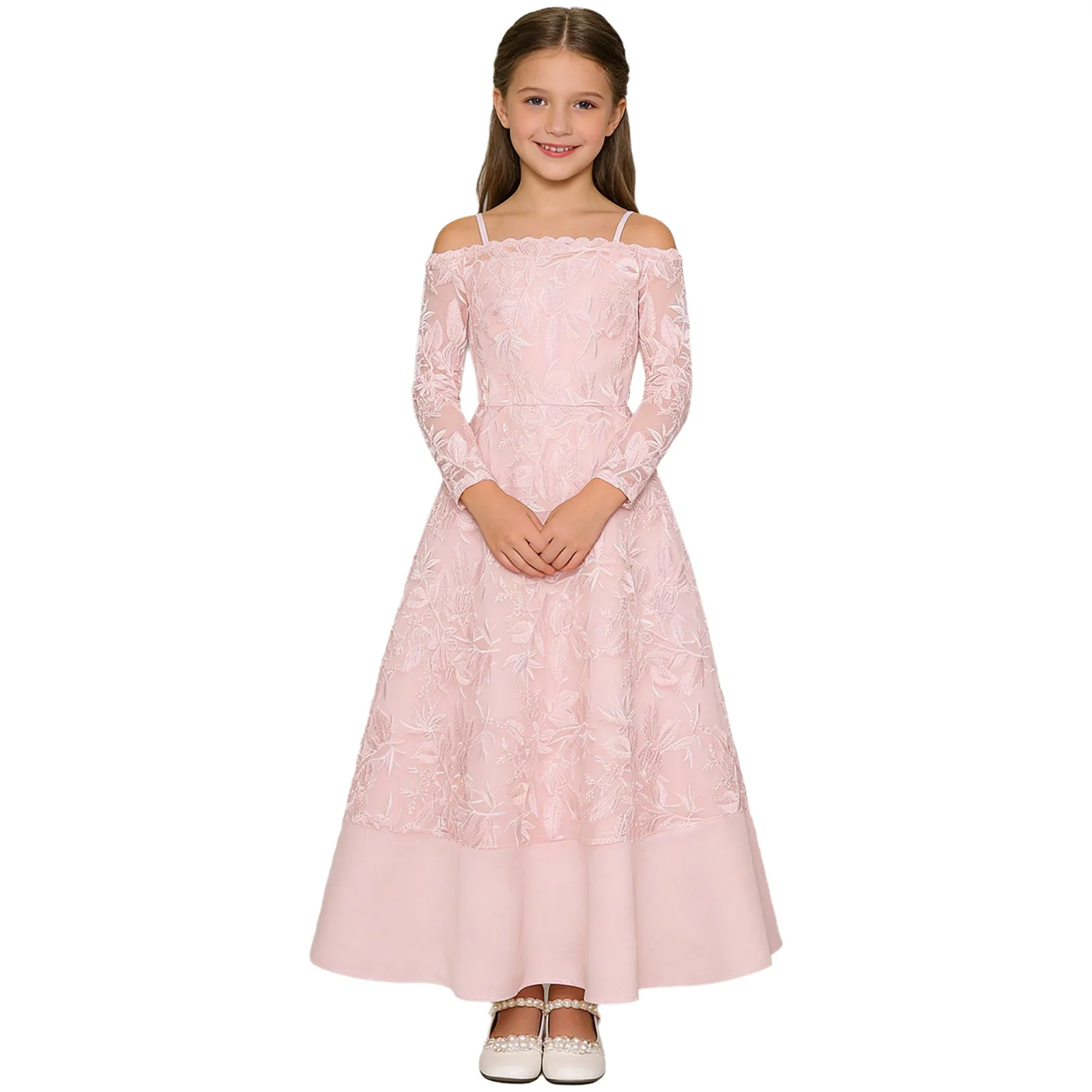 Vestido niña de ceremonia con encaje y hombros descubiertos - imagen 3