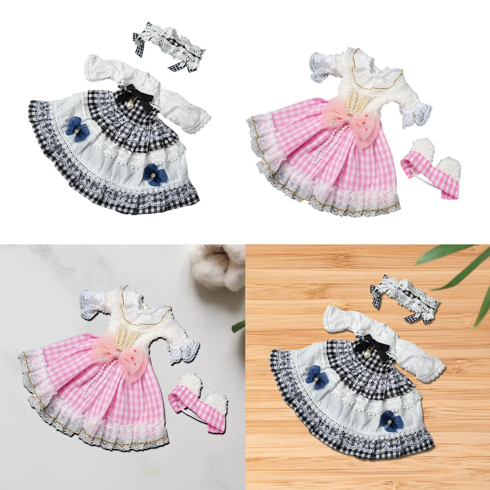 Conjunto de vestido a cuadros para muñeca con diadema - imagen 4