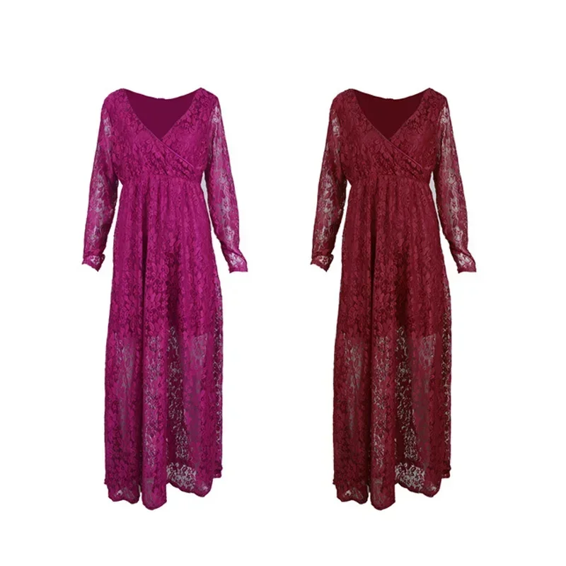 Vestido de embarazo manga larga encaje cuello en V vino tinto - imagen 4