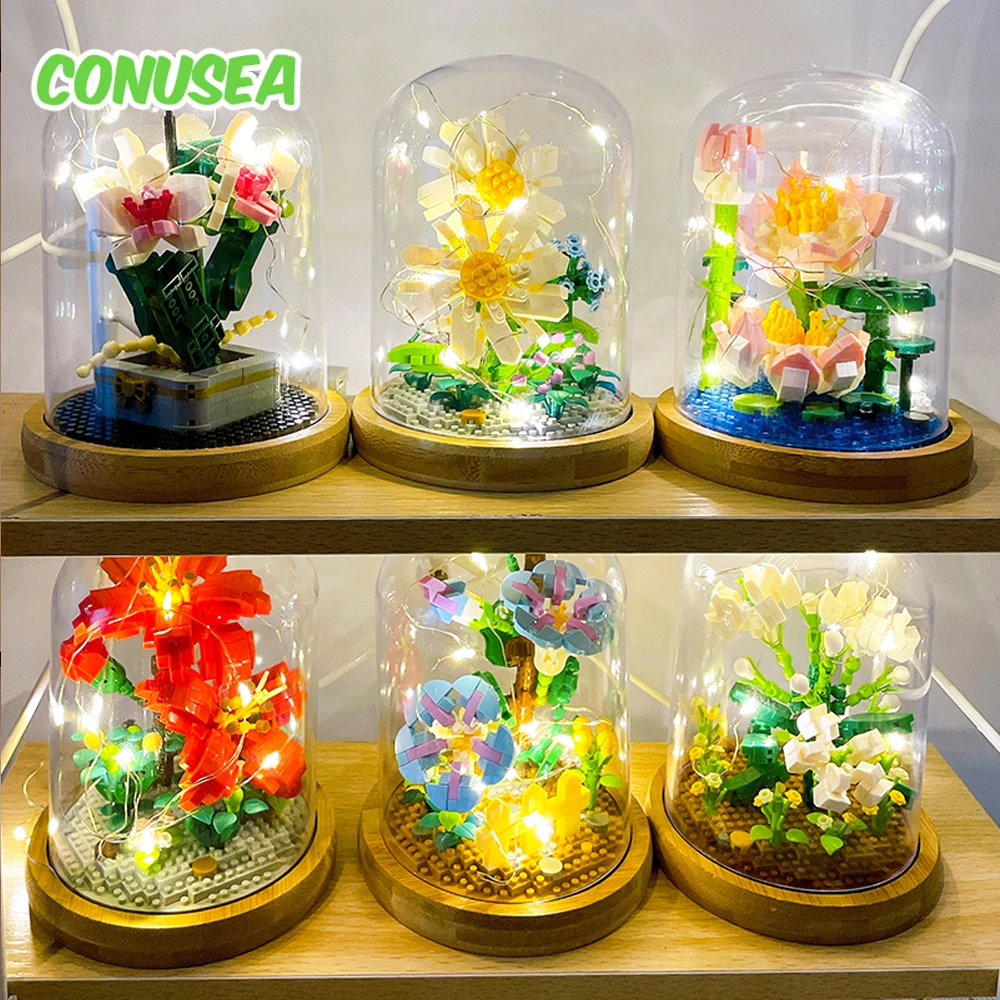 Bloques de construcción LED con flores eternas, bonsái decorativo