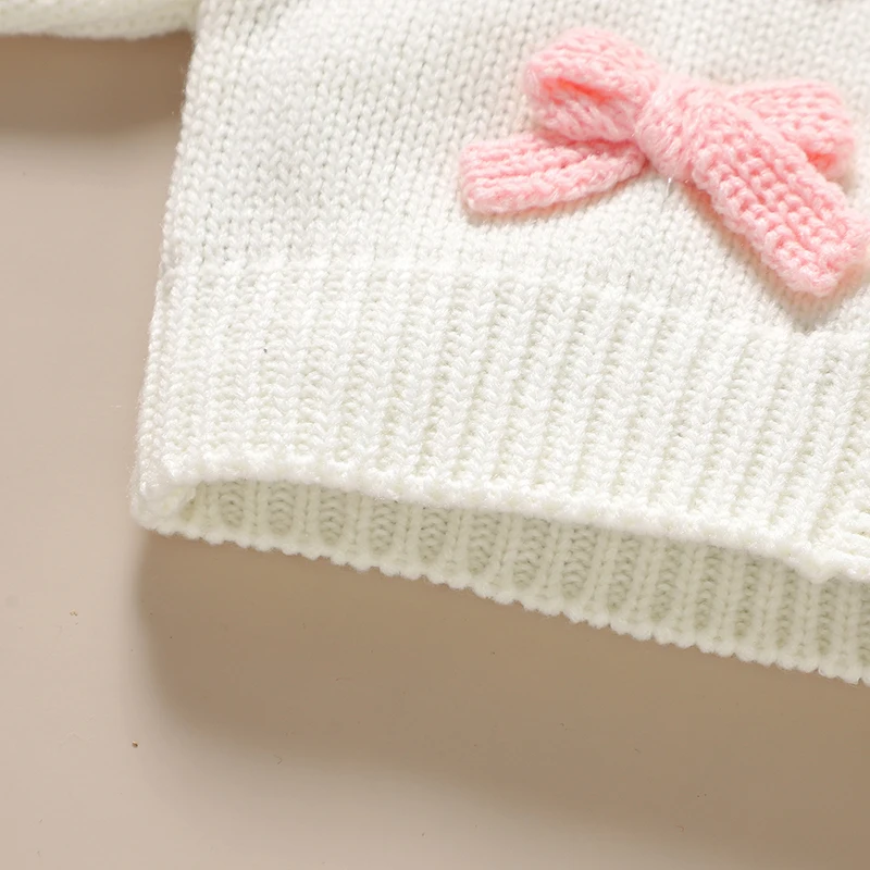 Suéteres de invierno para niñas en punto con lazo rosa y botones - imagen 4