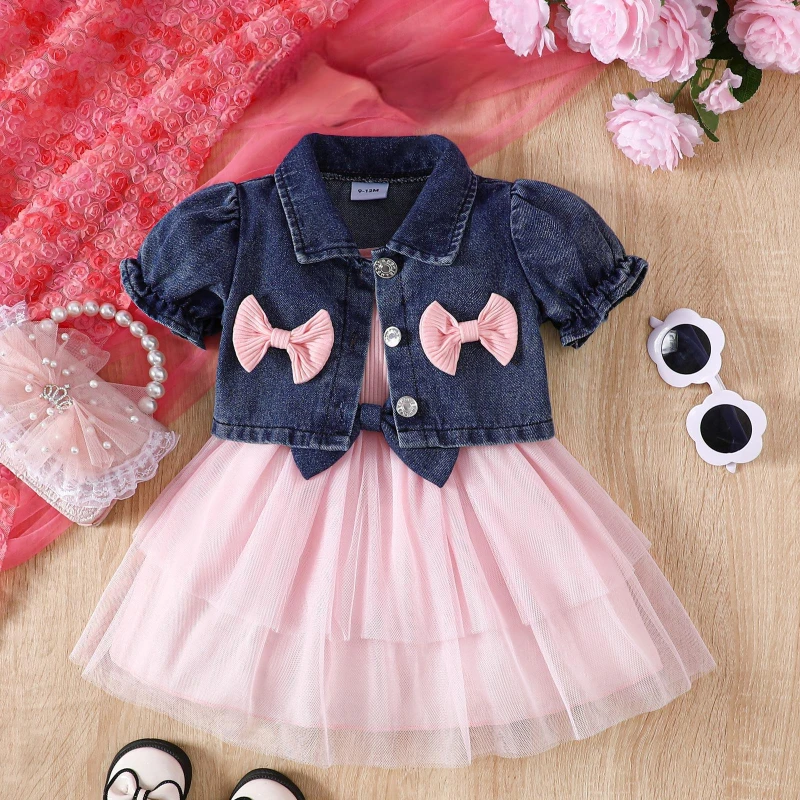 Conjunto de vestido con tirantes para niña de verano y chaqueta vaquera