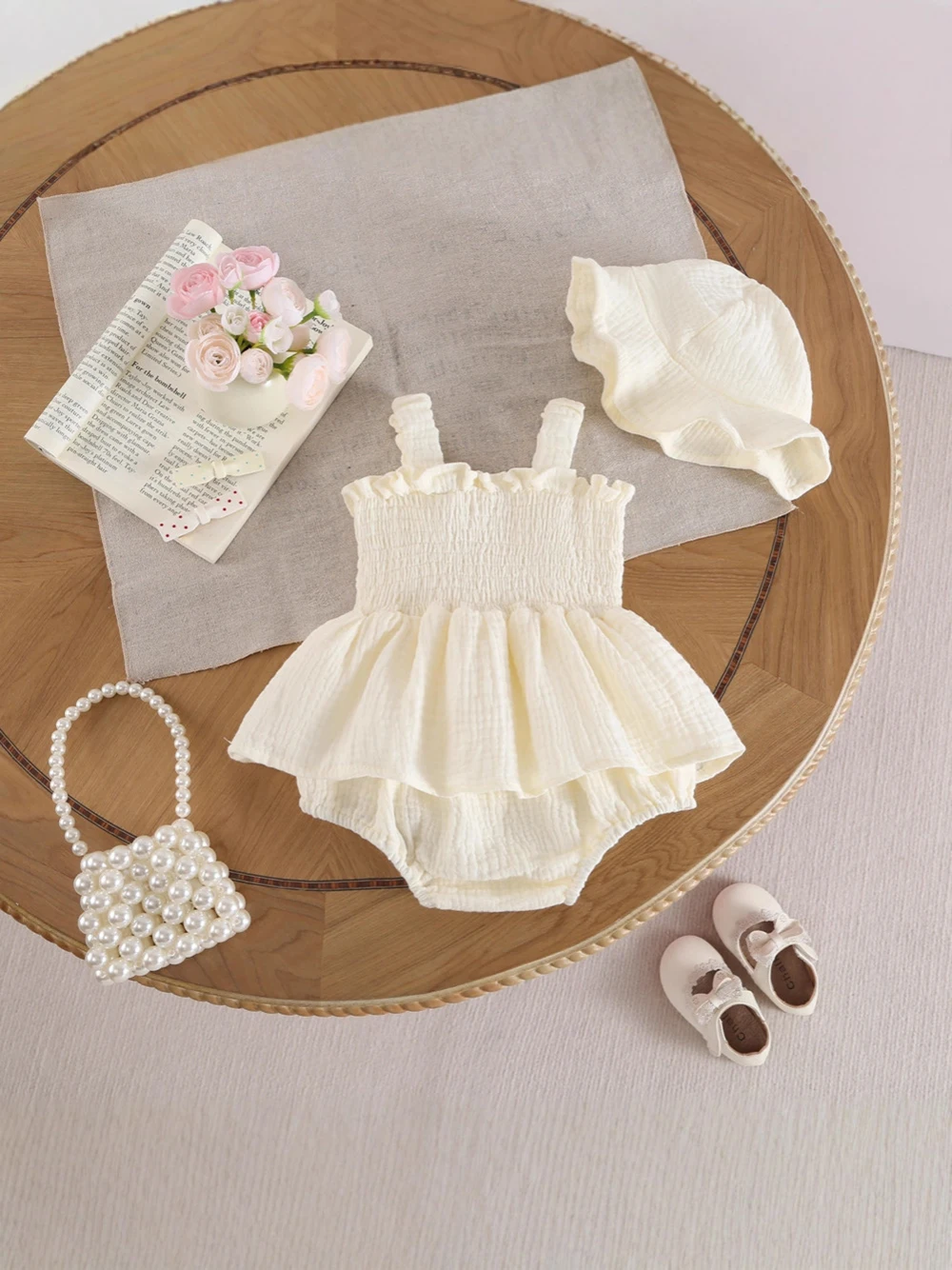 Body de verano bebé algodón liso estilo coreano con gorro - imagen 3