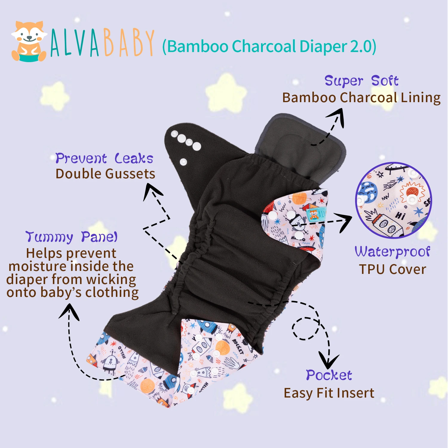 ALVABABY pañal de tela de carbón de bambú con refuerzo abdominal - imagen 2
