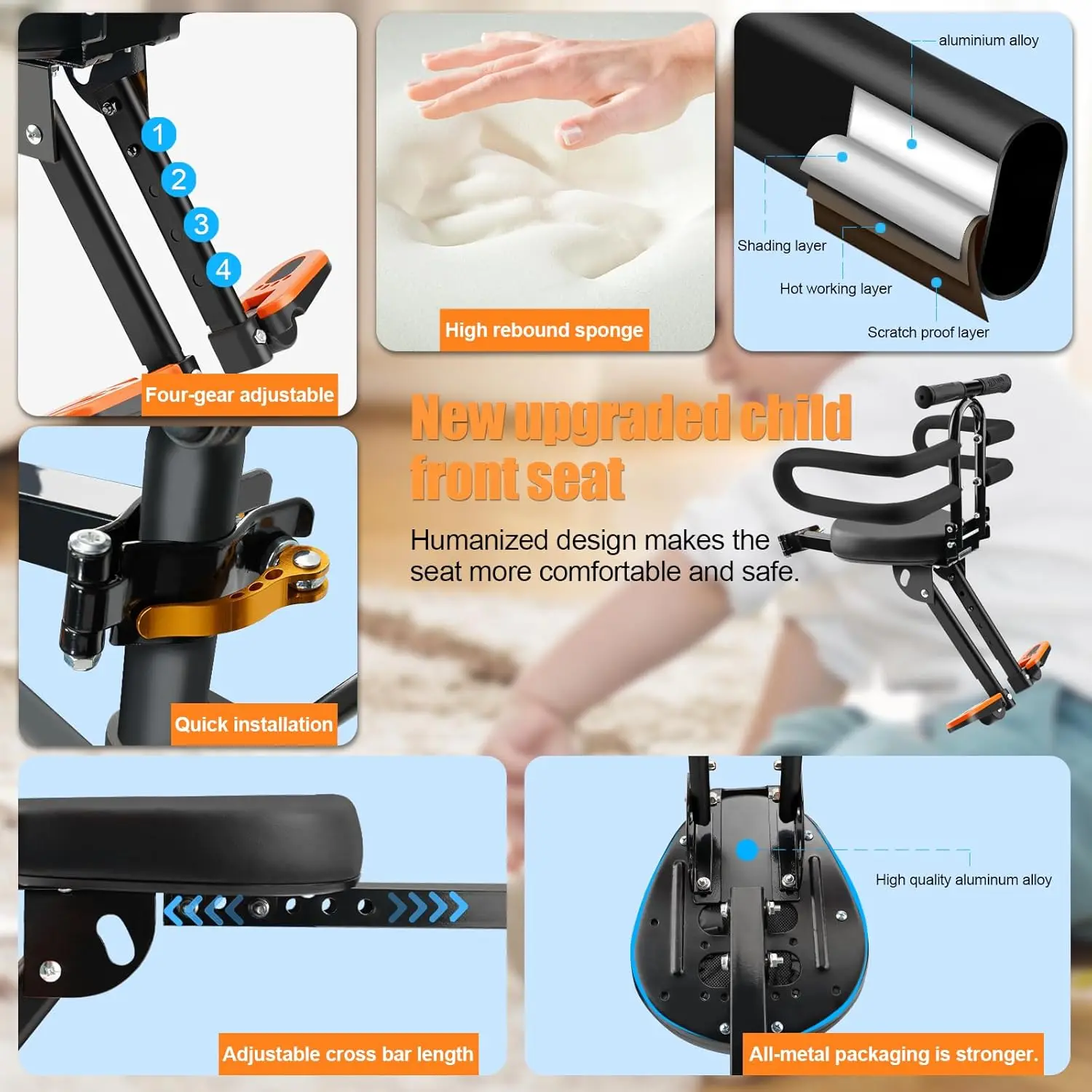 Asiento infantil de bicicleta delantero desmontable con soporte para manillar - imagen 3