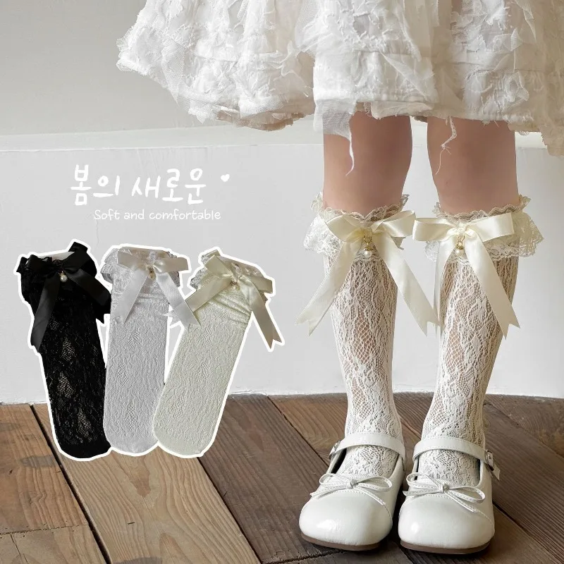 Calcetines altos de malla fina veraniega con lazo encaje para niñas - imagen 4